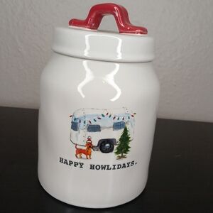 RAE DUNN Happy Howlidays Canister White Ceramic Christmas Camper Dog Holiday new